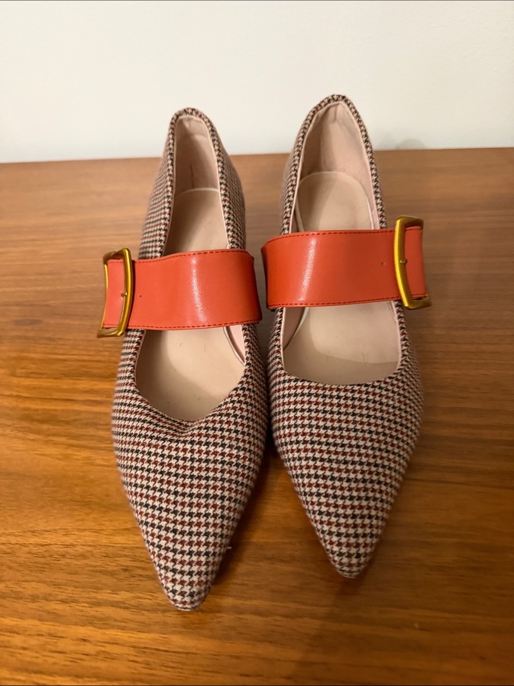 Pointed Houndstooth Mary Jane Flats with Orange Strap